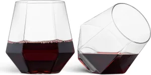 Munfix Plastic Stemless Wine Glasses 32 Pack - Diamond Shaped Unbreakable Disposable 12 Oz Clear Plastic Wine Champagne Whiskey Cups, Shatterproof Recyclable and BPA-Free