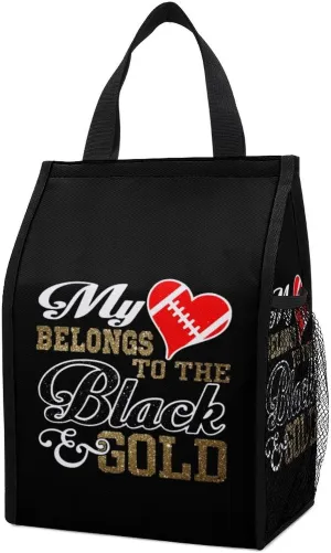 My Heart Belongs to Black Gold Insulated Lunch Bag Reusable Lunch Box Container Foldable Meal Tote Bags for Office Work Beach Travel