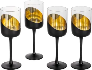 MyGift 14 oz Modern Tilted Matte Black and Gold Tone Plated Round Stemmed Wine Goblet Glasses, Cylindrical Angled Dipped Stemware with Metallic Interior, Set of 4