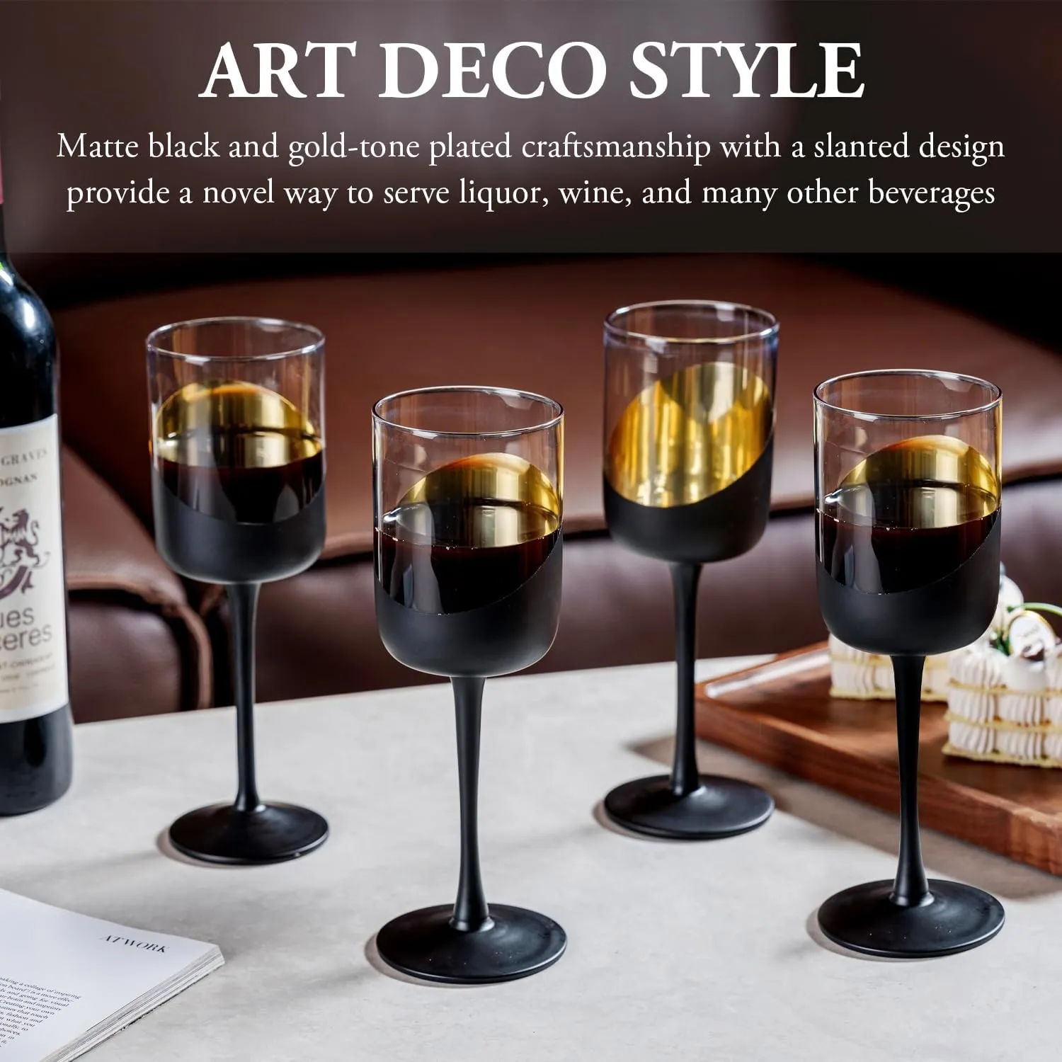 MyGift 14 oz Modern Tilted Matte Black and Gold Tone Plated Round Stemmed Wine Goblet Glasses, Cylindrical Angled Dipped Stemware with Metallic Interior, Set of 4