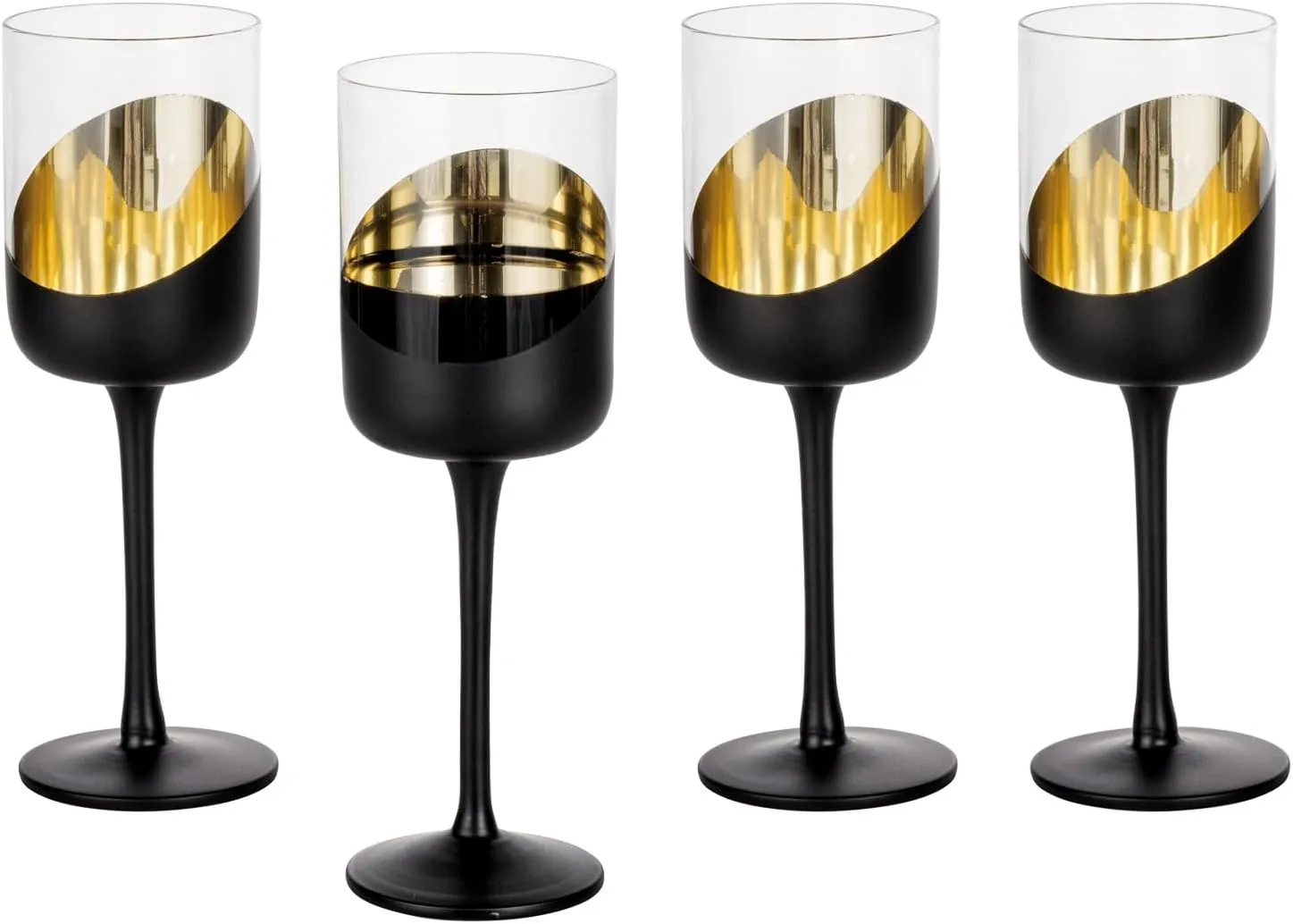 MyGift 14 oz Modern Tilted Matte Black and Gold Tone Plated Round Stemmed Wine Goblet Glasses, Cylindrical Angled Dipped Stemware with Metallic Interior, Set of 4