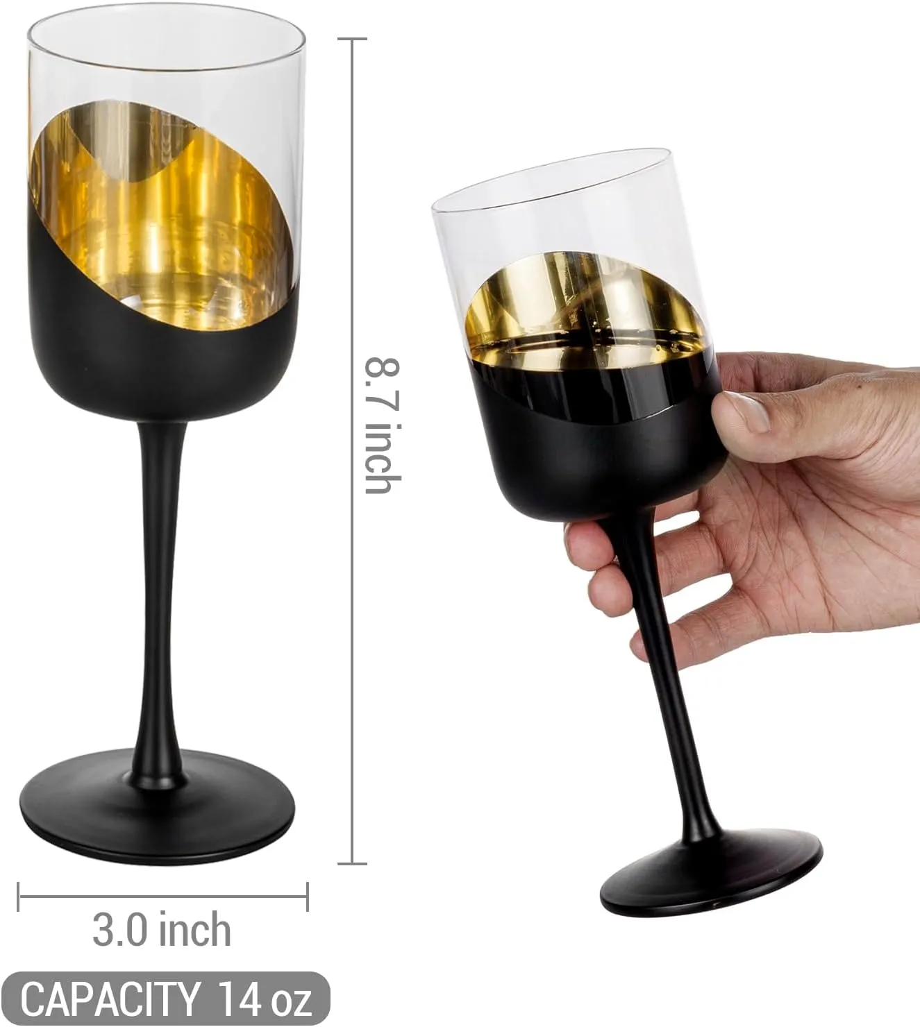 MyGift 14 oz Modern Tilted Matte Black and Gold Tone Plated Round Stemmed Wine Goblet Glasses, Cylindrical Angled Dipped Stemware with Metallic Interior, Set of 4