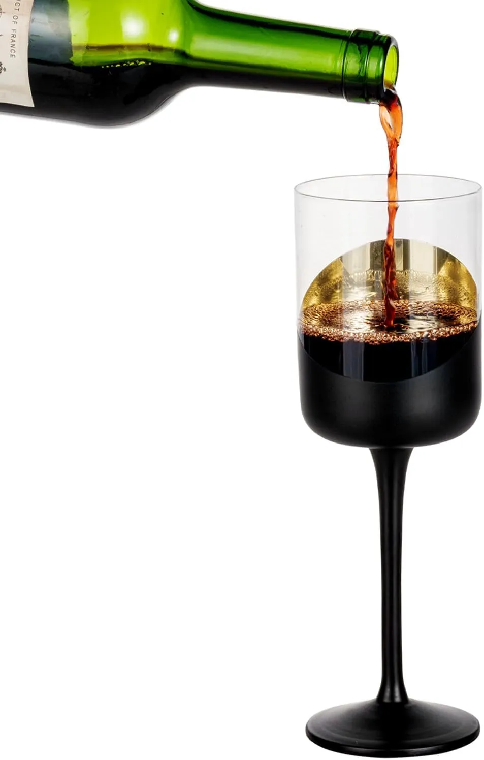 MyGift 14 oz Modern Tilted Matte Black and Gold Tone Plated Round Stemmed Wine Goblet Glasses, Cylindrical Angled Dipped Stemware with Metallic Interior, Set of 4