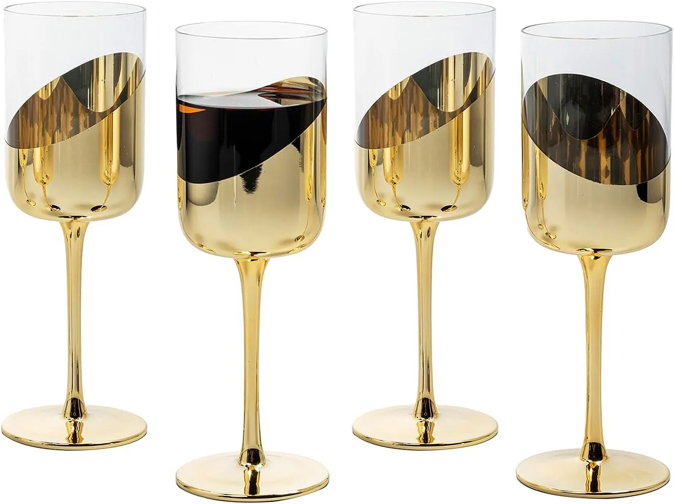 MyGift 14 oz Wine Glasses Modern Brass Tone Plated Round Stemmed Glass Goblets, Cylindrical Drinking Glasses with Angled Dipped Mirror Finish, Stemware Set of 4