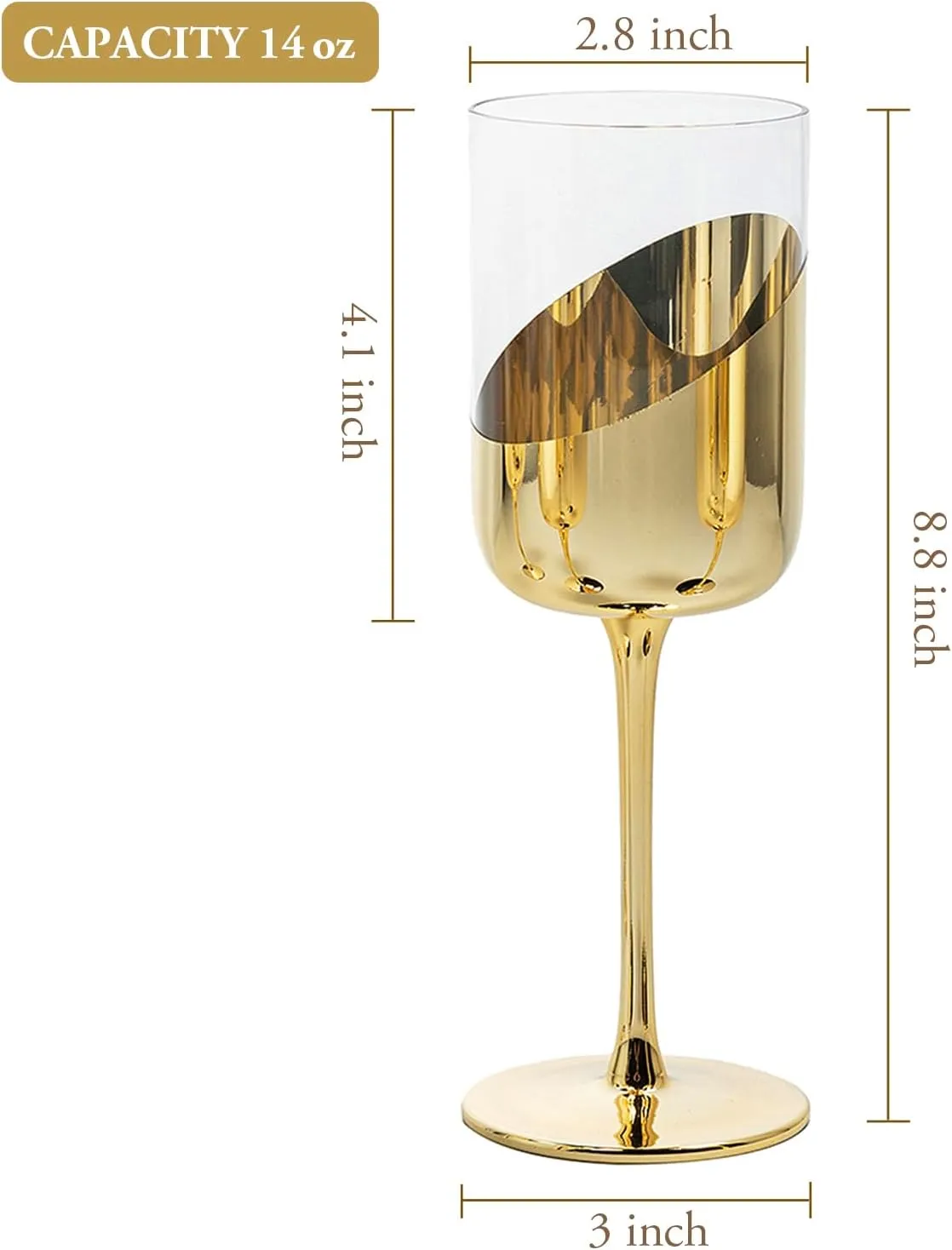 MyGift 14 oz Wine Glasses Modern Brass Tone Plated Round Stemmed Glass Goblets, Cylindrical Drinking Glasses with Angled Dipped Mirror Finish, Stemware Set of 4