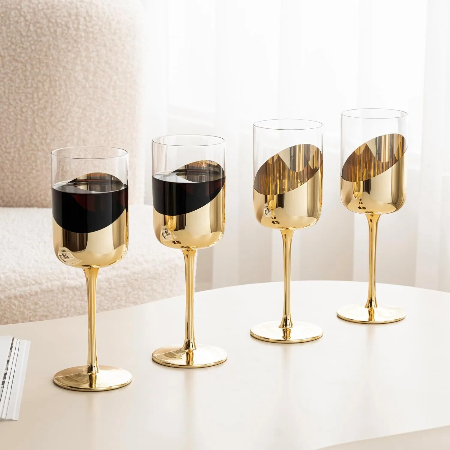 MyGift 14 oz Wine Glasses Modern Brass Tone Plated Round Stemmed Glass Goblets, Cylindrical Drinking Glasses with Angled Dipped Mirror Finish, Stemware Set of 4