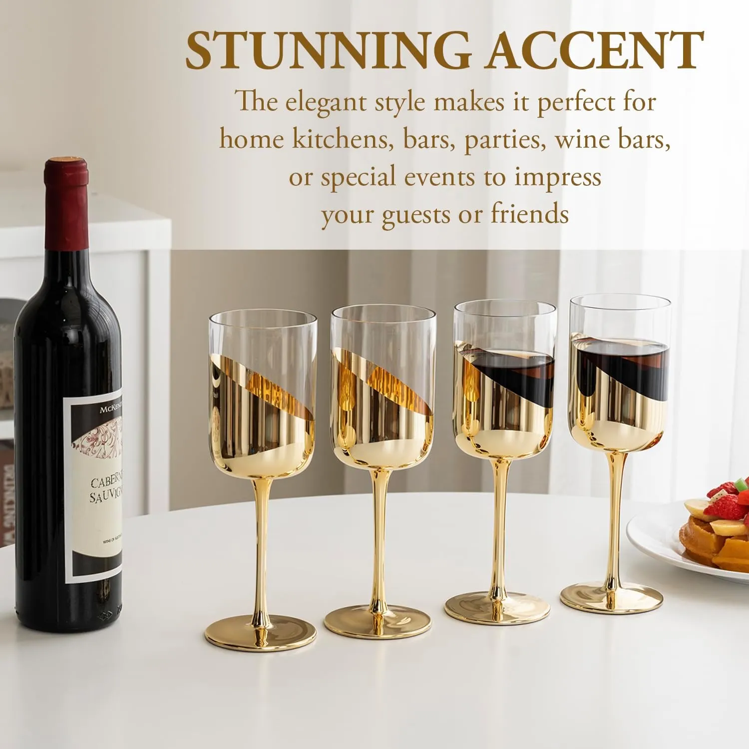 MyGift 14 oz Wine Glasses Modern Brass Tone Plated Round Stemmed Glass Goblets, Cylindrical Drinking Glasses with Angled Dipped Mirror Finish, Stemware Set of 4