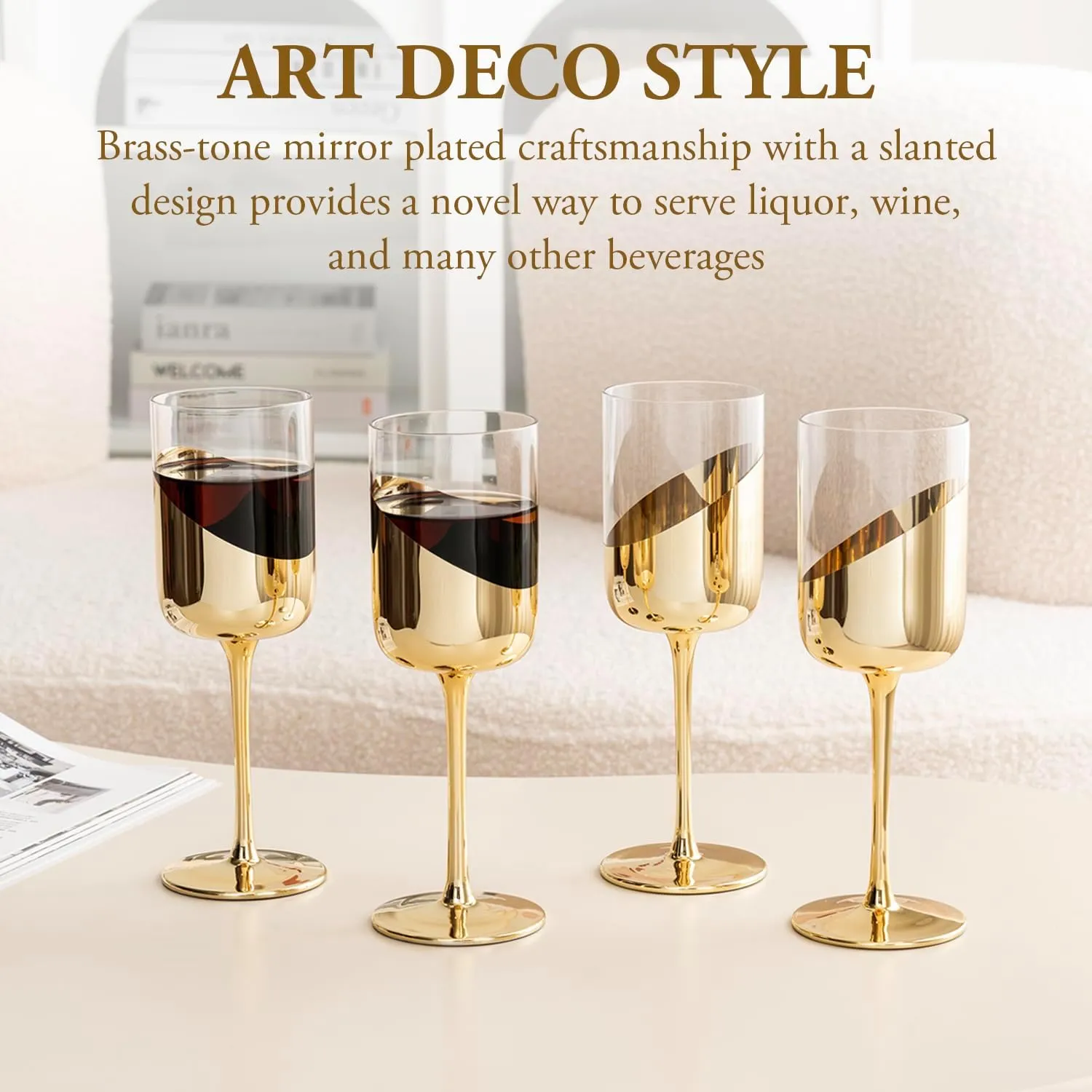 MyGift 14 oz Wine Glasses Modern Brass Tone Plated Round Stemmed Glass Goblets, Cylindrical Drinking Glasses with Angled Dipped Mirror Finish, Stemware Set of 4