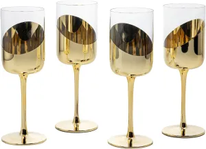 MyGift 14 oz Wine Glasses Modern Brass Tone Plated Round Stemmed Glass Goblets, Cylindrical Drinking Glasses with Angled Dipped Mirror Finish, Stemware Set of 4