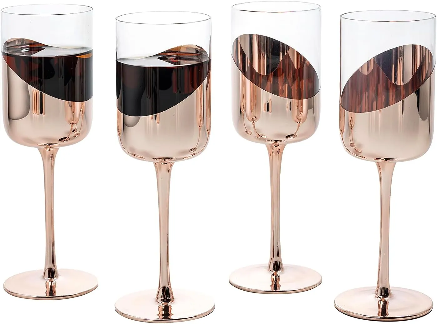 MyGift 14 oz Wine Glasses, Modern Copper Tone Plated Round Stemmed Glass Goblets, Cylindrical Drinking Glasses with Angled Dipped Mirror Finish, Stemware Set of 4