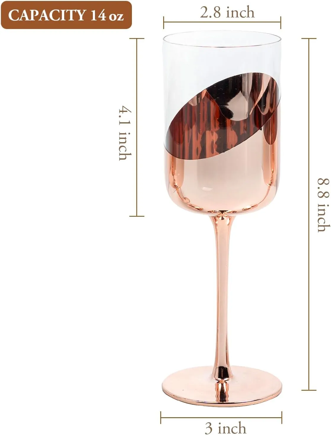 MyGift 14 oz Wine Glasses, Modern Copper Tone Plated Round Stemmed Glass Goblets, Cylindrical Drinking Glasses with Angled Dipped Mirror Finish, Stemware Set of 4