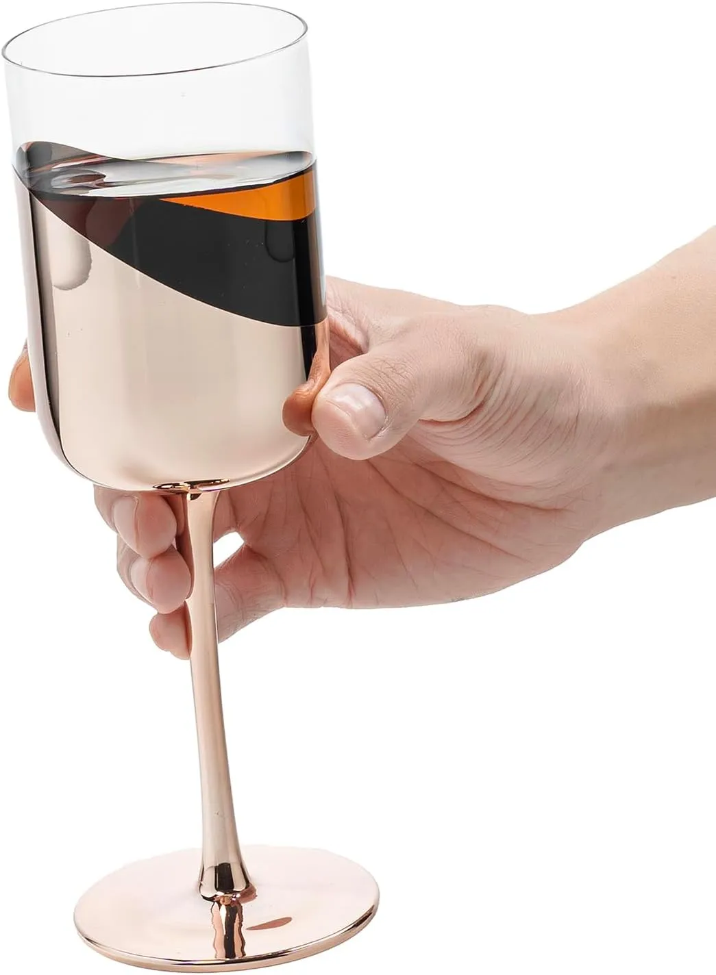 MyGift 14 oz Wine Glasses, Modern Copper Tone Plated Round Stemmed Glass Goblets, Cylindrical Drinking Glasses with Angled Dipped Mirror Finish, Stemware Set of 4