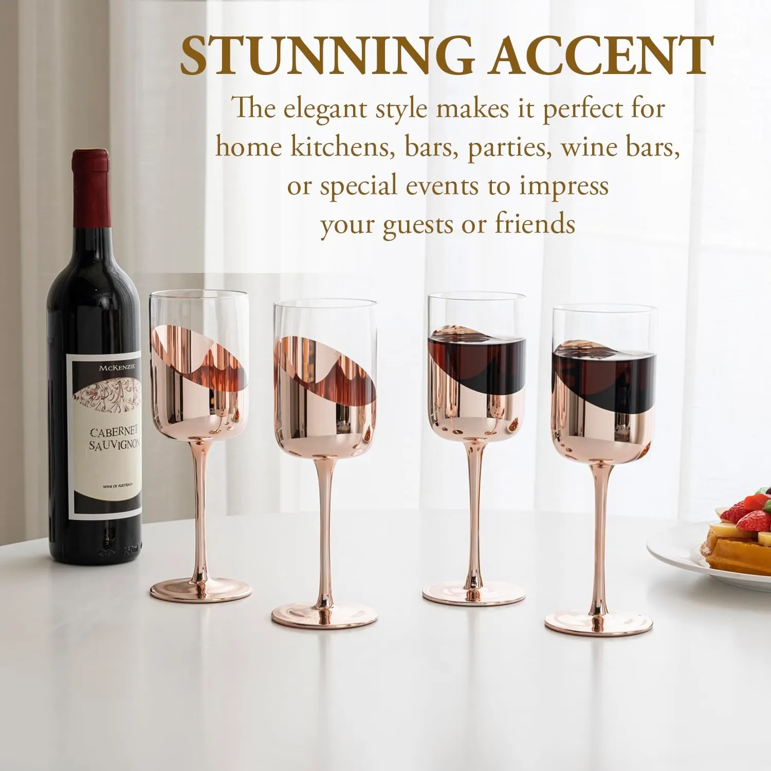 MyGift 14 oz Wine Glasses, Modern Copper Tone Plated Round Stemmed Glass Goblets, Cylindrical Drinking Glasses with Angled Dipped Mirror Finish, Stemware Set of 4