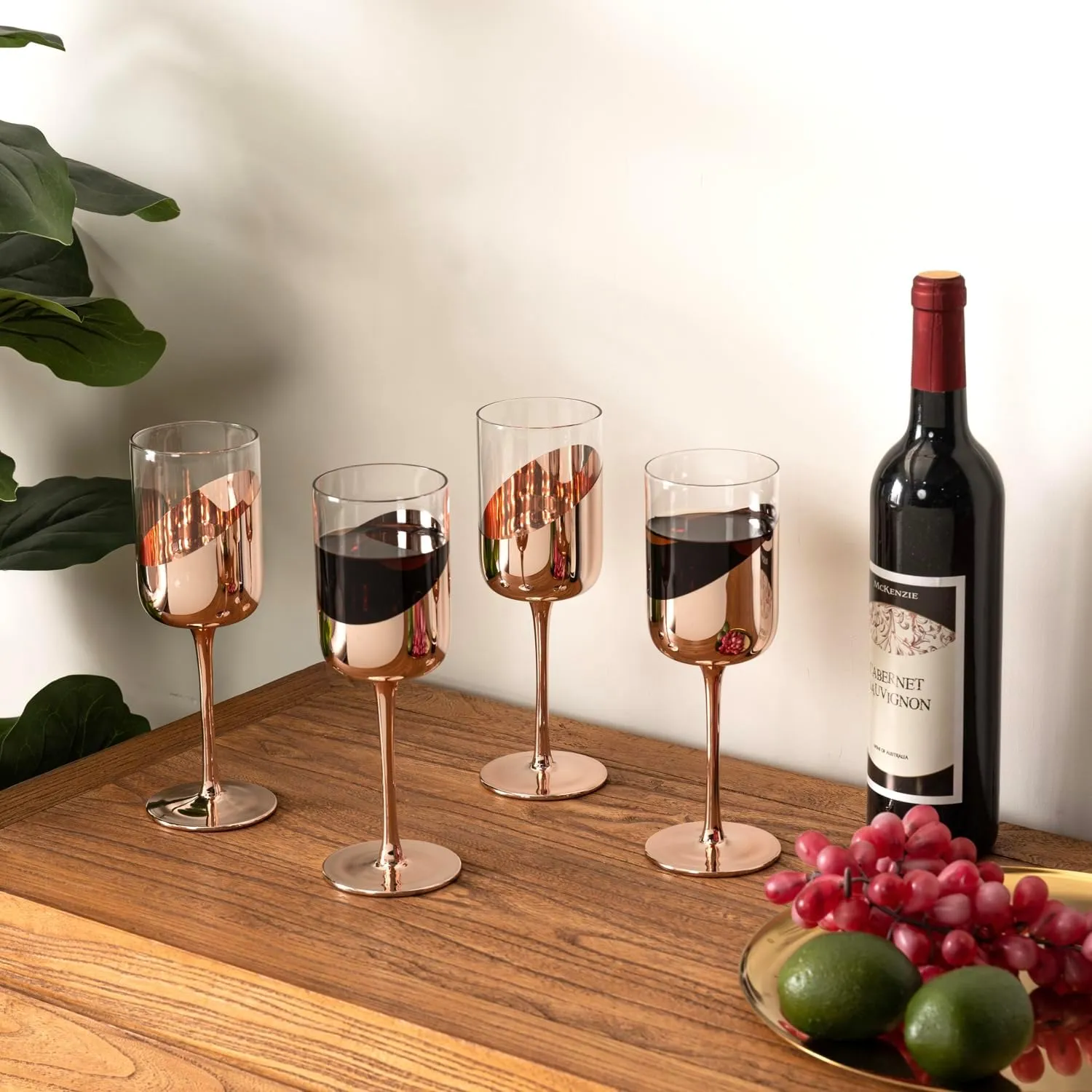 MyGift 14 oz Wine Glasses, Modern Copper Tone Plated Round Stemmed Glass Goblets, Cylindrical Drinking Glasses with Angled Dipped Mirror Finish, Stemware Set of 4