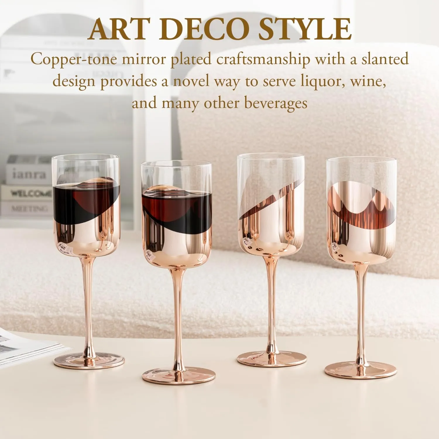 MyGift 14 oz Wine Glasses, Modern Copper Tone Plated Round Stemmed Glass Goblets, Cylindrical Drinking Glasses with Angled Dipped Mirror Finish, Stemware Set of 4