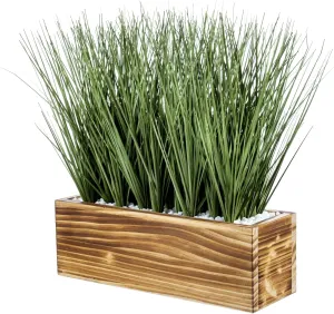 MyGift Artificial Grass Plants in Rustic Burnt Solid Wood Planter Box, 12 Inch Decorative Wooden Container with Faux Greenery Plant, Indoor Table Decor