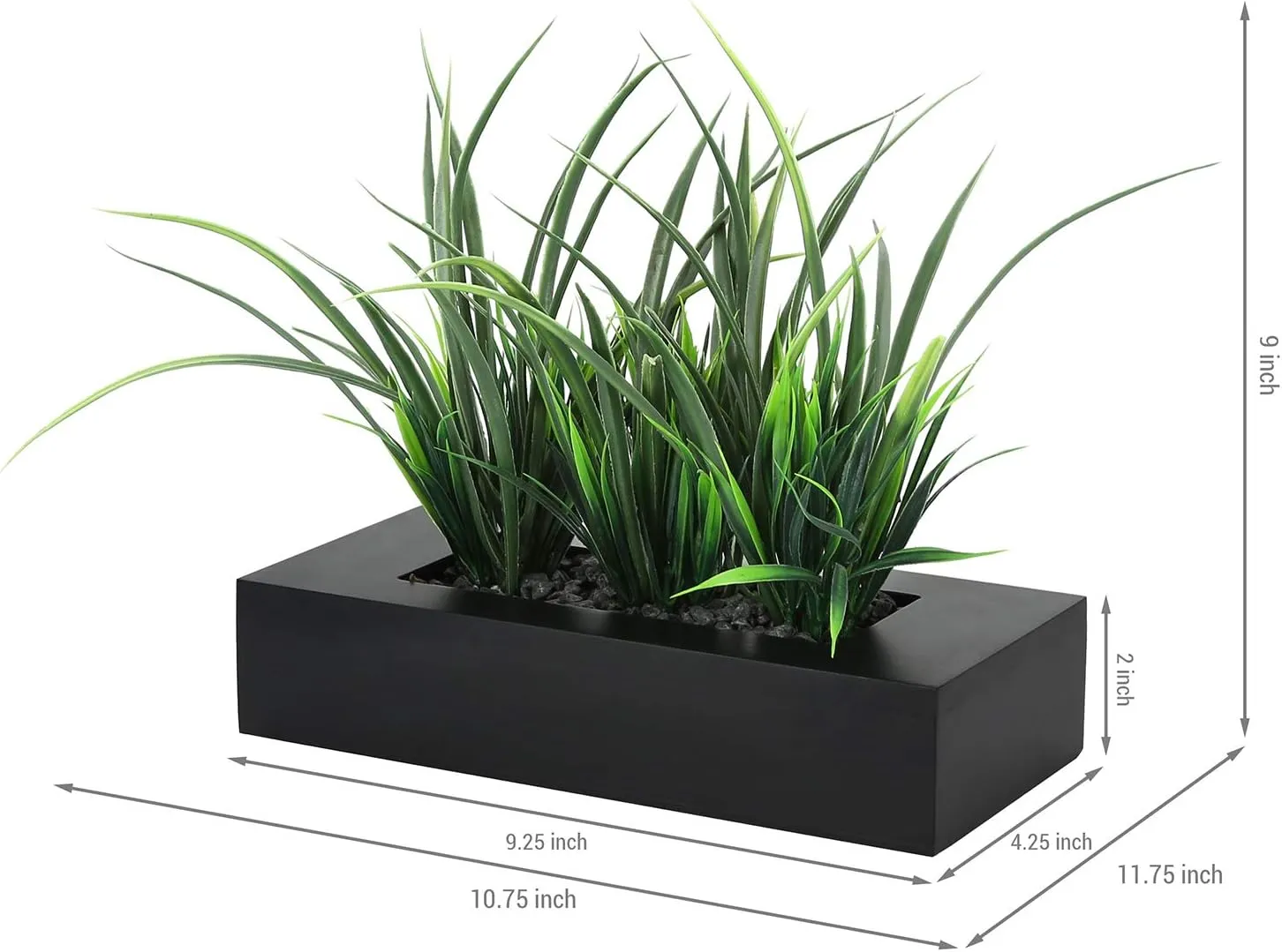 MyGift Artificial Green Grass Plants Potted in 9-inch Matte Black Wood Decorative Planter, Tabletop Faux Greenery in Wooden Rectangular Pot Centerpiece Décor