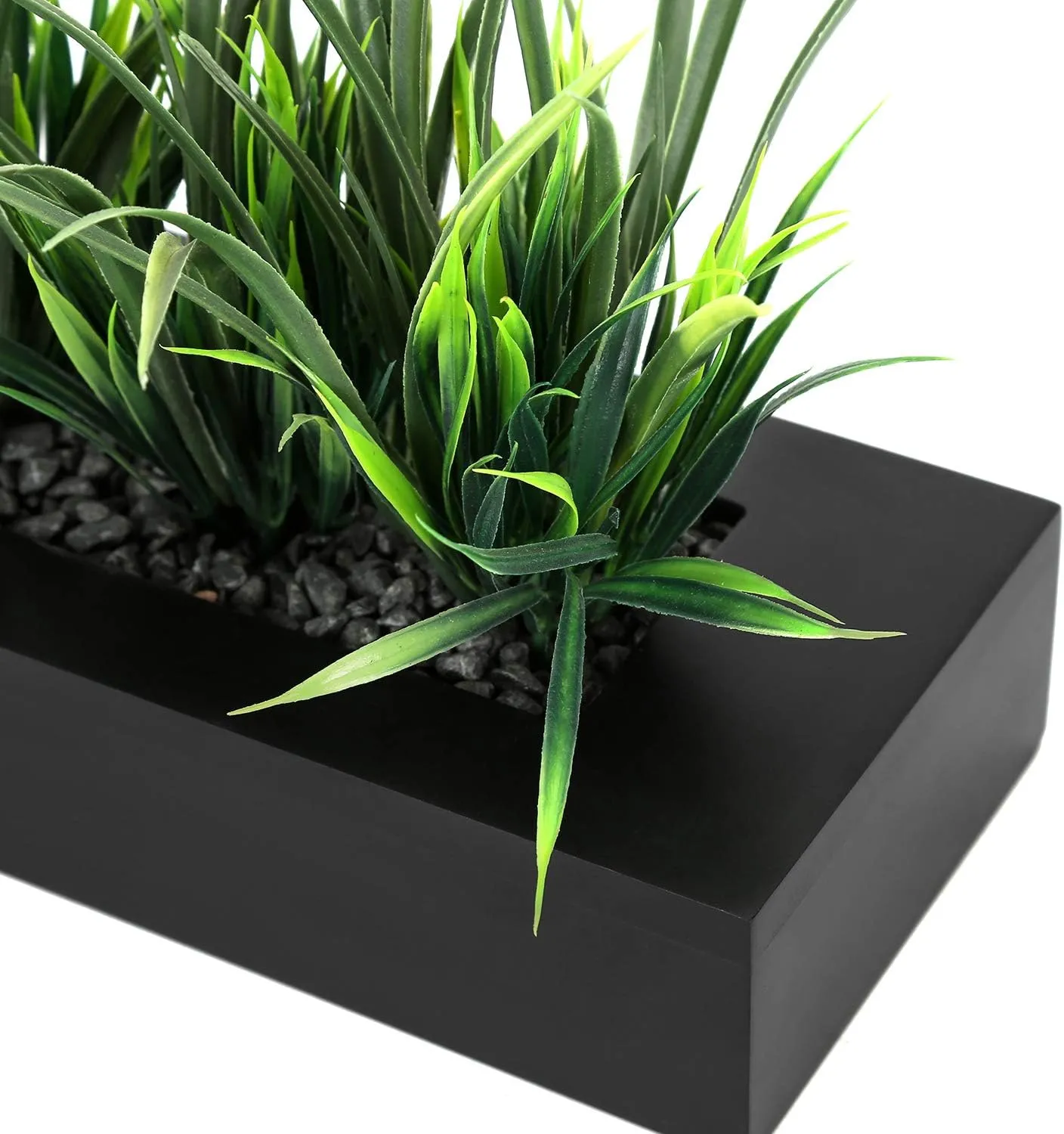 MyGift Artificial Green Grass Plants Potted in 9-inch Matte Black Wood Decorative Planter, Tabletop Faux Greenery in Wooden Rectangular Pot Centerpiece Décor