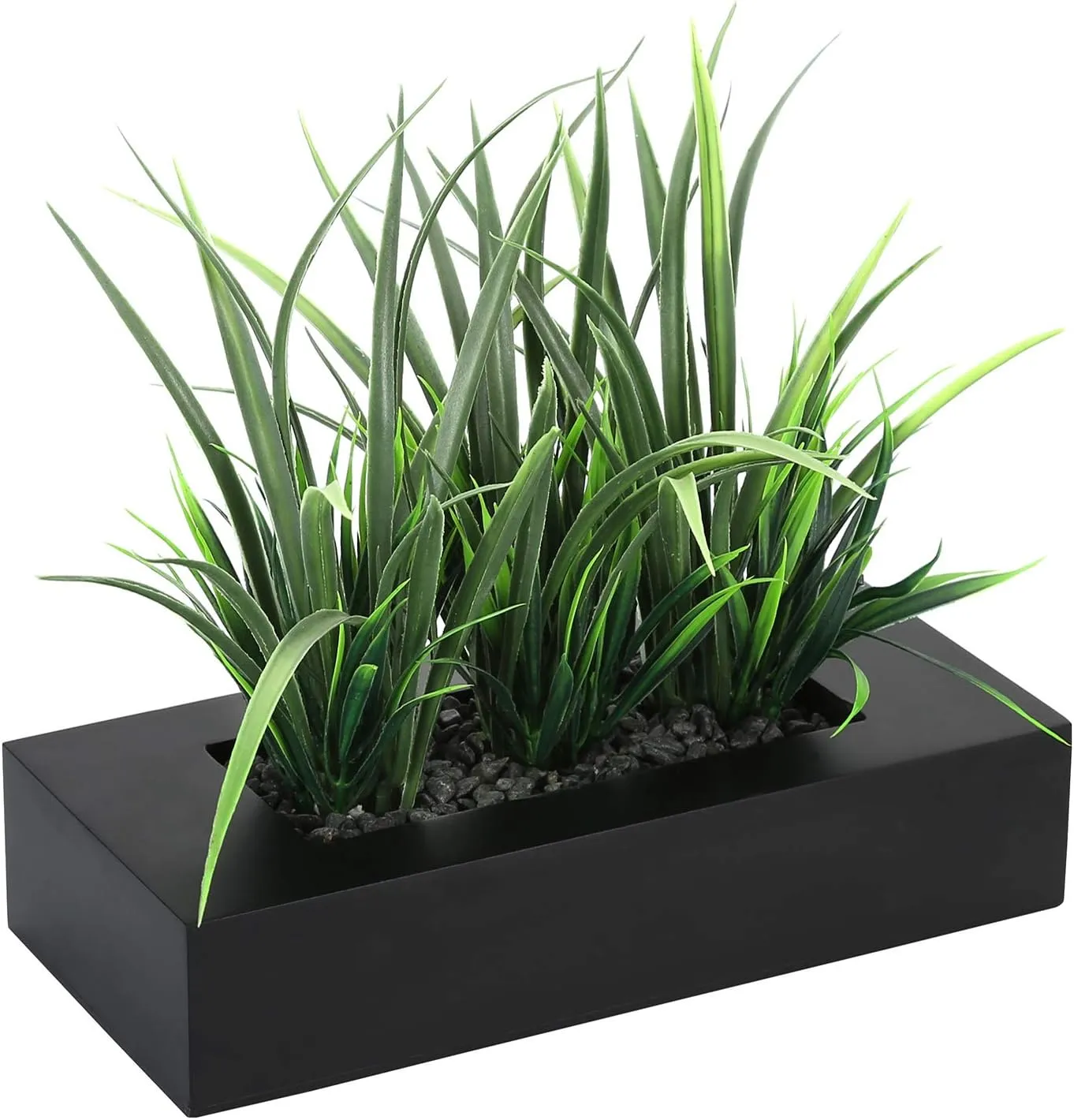 MyGift Artificial Green Grass Plants Potted in 9-inch Matte Black Wood Decorative Planter, Tabletop Faux Greenery in Wooden Rectangular Pot Centerpiece Décor