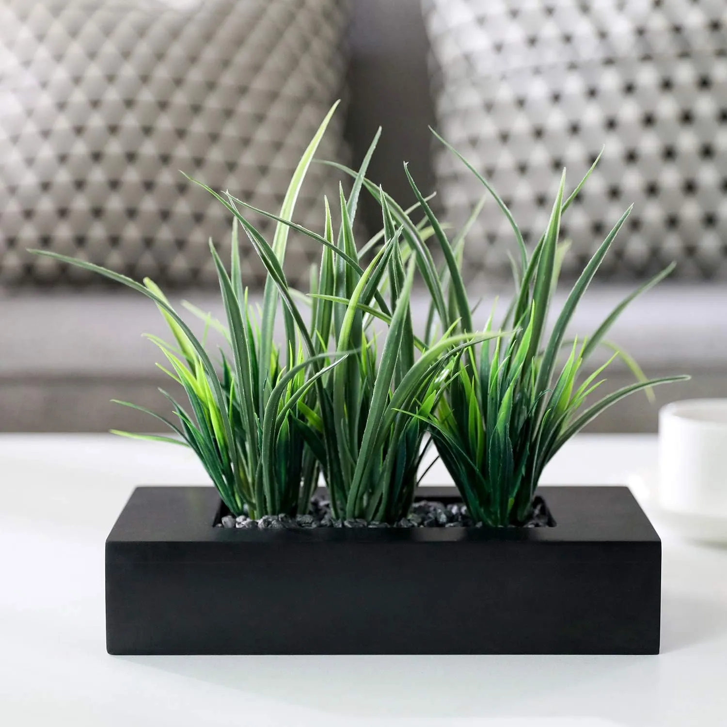 MyGift Artificial Green Grass Plants Potted in 9-inch Matte Black Wood Decorative Planter, Tabletop Faux Greenery in Wooden Rectangular Pot Centerpiece Décor