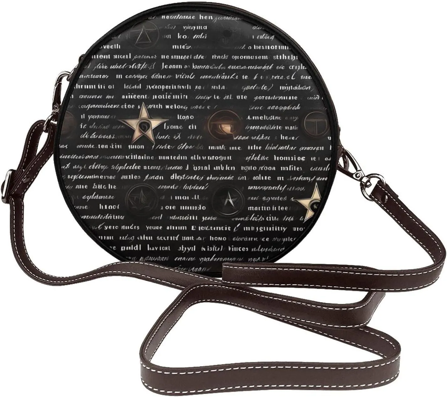 Mysterious Text Removable Shoulder Strap Waterproof Leather Shoulder Round Bag Crossbody Bag Travel Shopping Dating Handbag Purse