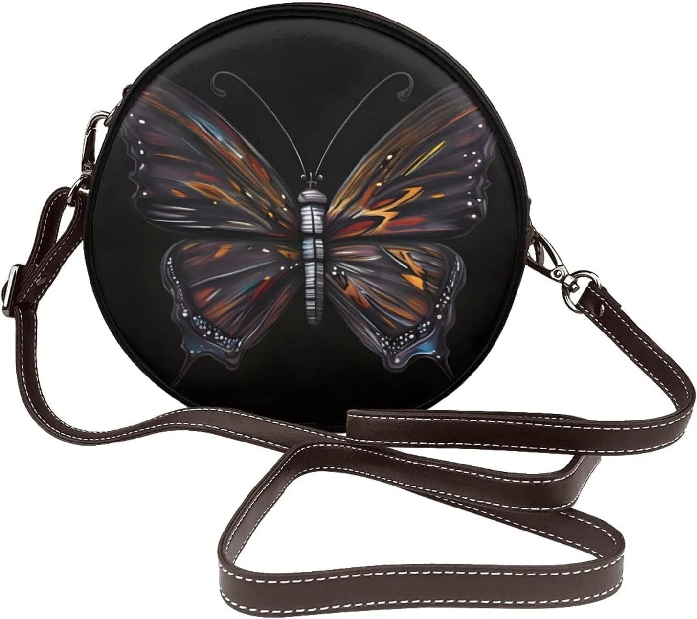 Mystery Butterfly Removable Shoulder Strap Waterproof Leather Shoulder Round Bag Crossbody Bag Travel Shopping Dating Handbag Purse