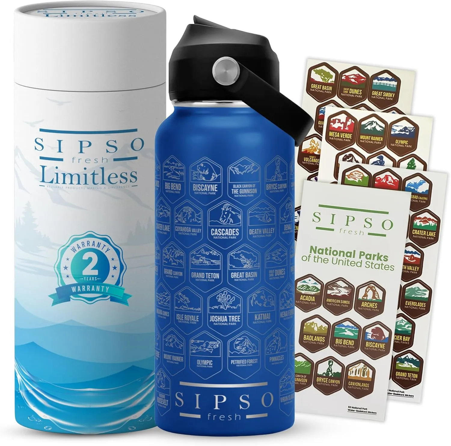 National park water bottle with stickers- Laser-Engraved logos, 32 oz Cool Gifts for Hikers, Featuring Iconic USA National Park Landmarks Outdoor Gift (Royal Blue)
