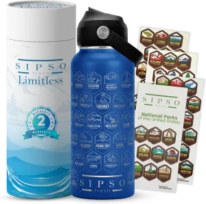 National park water bottle with stickers- Laser-Engraved logos, 32 oz Cool Gifts for Hikers, Featuring Iconic USA National Park Landmarks Outdoor Gift (Royal Blue)