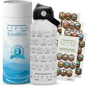 National park water bottle with stickers- Laser-Engraved logos, 32 oz Cool Gifts for Hikers, Featuring Iconic USA National Park Landmarks Outdoor Gift (White)