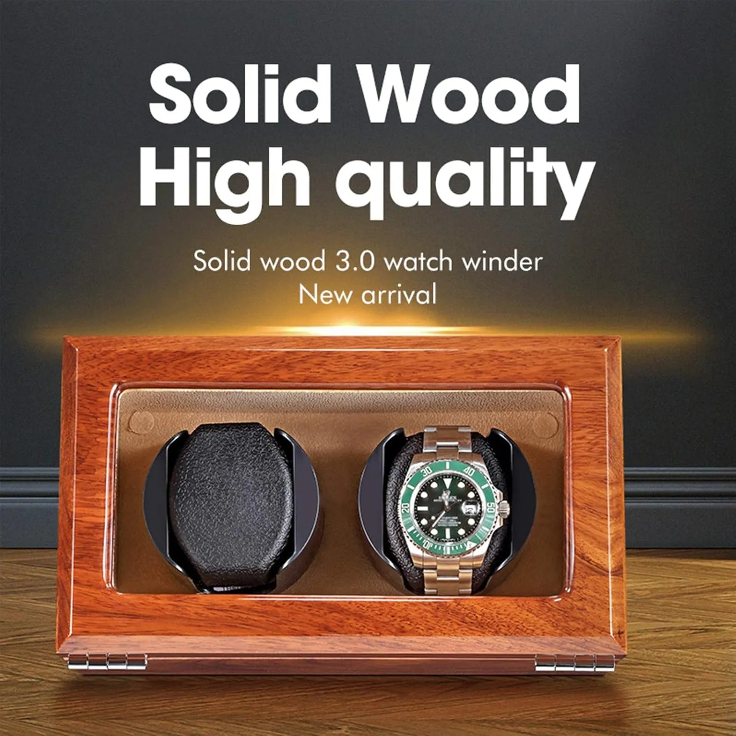 Natural Solid Wood Double Watch Winder Box for 2 Automatic Watches Flexible Watch Pillow 5 Rotation Mode Accessories，Black