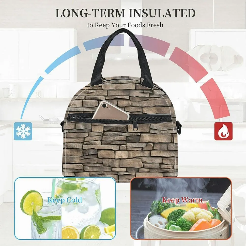 natural stone wall tile gray brown stacked garden masonry Insulated Adult Lunch Bag with Shoulder Strap for Women Lightweight Reusable Portable Freezable Lunch Tote Bag for Work Picnic
