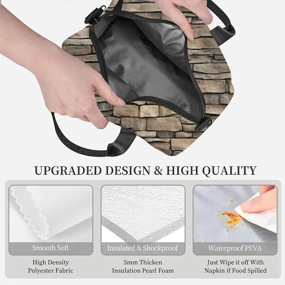 natural stone wall tile gray brown stacked garden masonry Insulated Adult Lunch Bag with Shoulder Strap for Women Lightweight Reusable Portable Freezable Lunch Tote Bag for Work Picnic