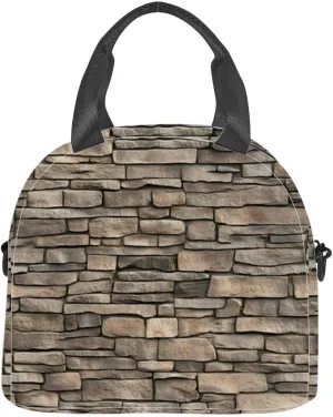 natural stone wall tile gray brown stacked garden masonry Insulated Adult Lunch Bag with Shoulder Strap for Women Lightweight Reusable Portable Freezable Lunch Tote Bag for Work Picnic