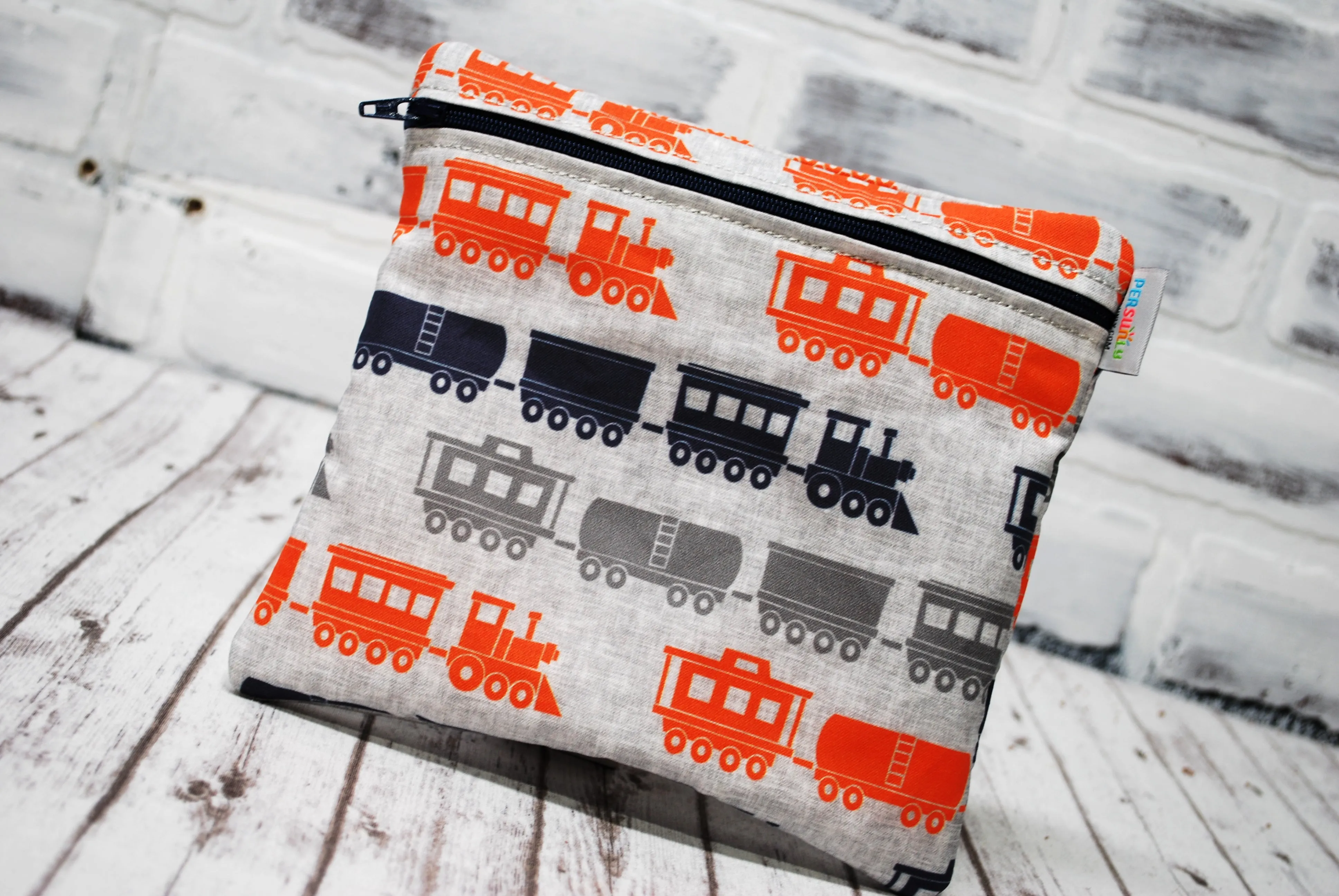 Navy and Orange Trains Personalized Reusable Food Bag