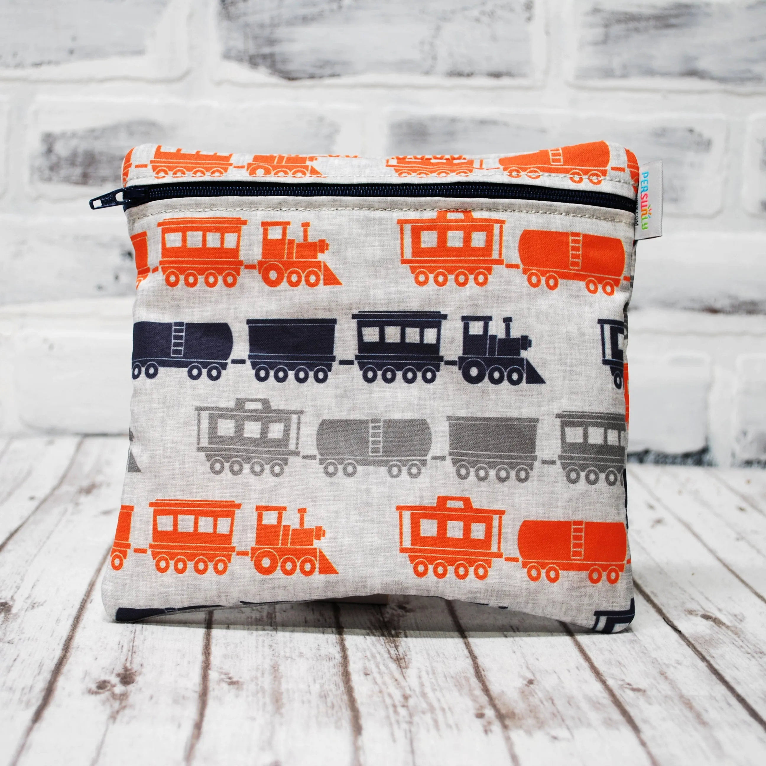 Navy and Orange Trains Personalized Reusable Food Bag