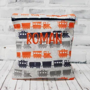 Navy and Orange Trains Personalized Reusable Food Bag