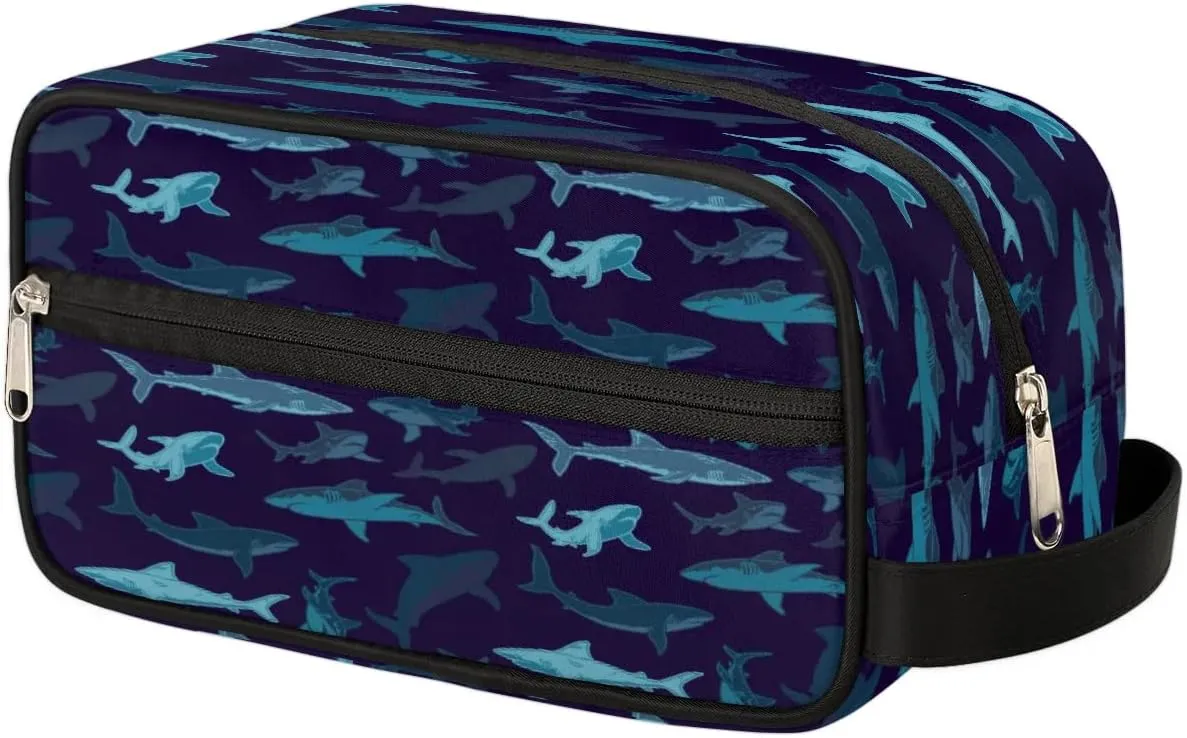 Navy Blue Shark Hanging Toiletry Bag,Travel Hygiene Kits for Boys Mens,Waterproof Makeup Carry-on Bags,Cosmetic Bag,TSA Approved Shave Dopp Kit for Toiletries Shower Bathroom Accessories Gifts