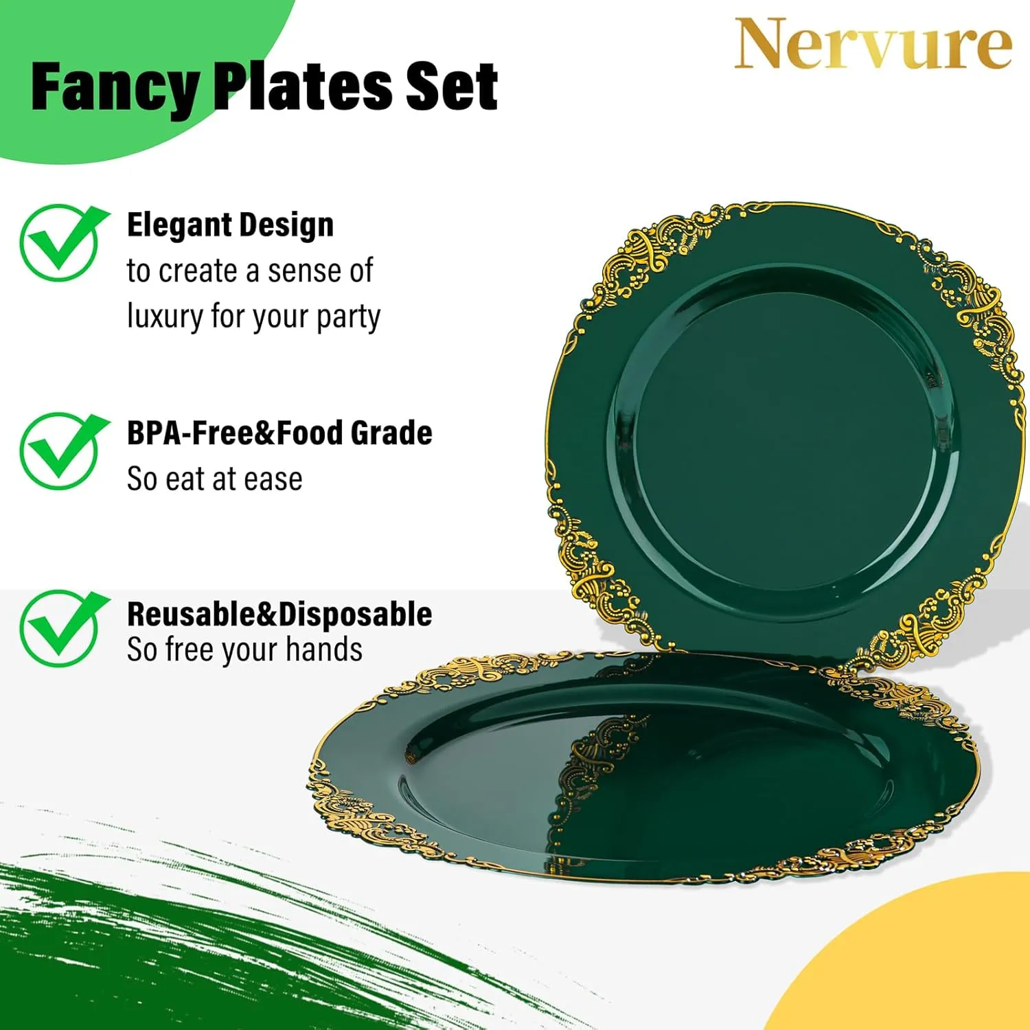 Nervure 350PCS Green Plastic Plates - Green Gold Plastic Dinnerware Sets for 50 Guests - 100 Disposable Plates, 150 Gold Silverware, 50 Cups, 50 Napkins for Wedding & Party & Christmas