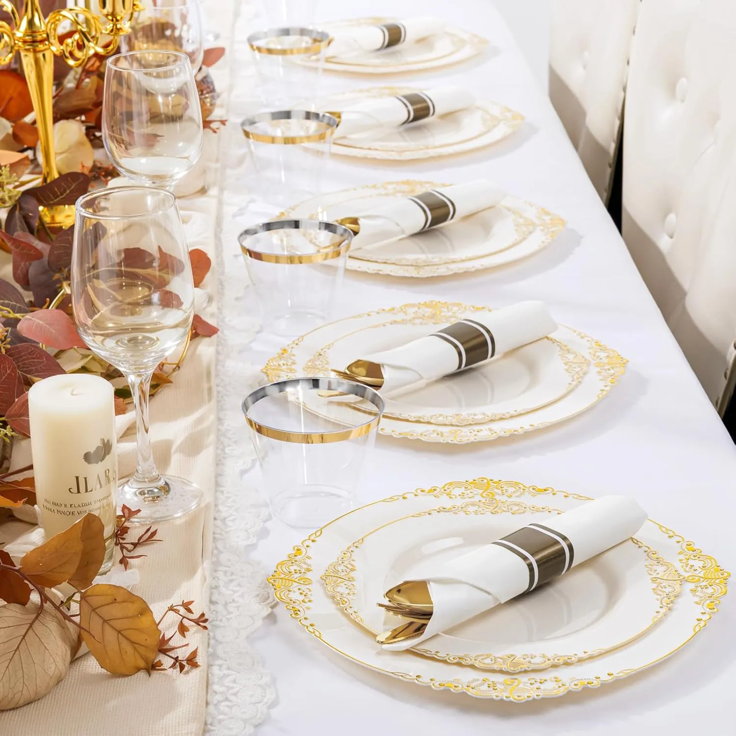 Nervure 350PCS Ivory Plastic Plates - Ivory Gold Plastic Dinnerware Sets for 50 Guests - 100 Gold Disposable Plates, 50 Pre Rolled Silverware Sets, 50 Cups Perfect for Wedding & Party