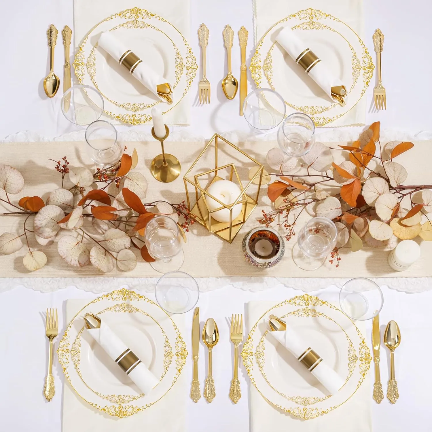 Nervure 350PCS Ivory Plastic Plates - Ivory Gold Plastic Dinnerware Sets for 50 Guests - 100 Gold Disposable Plates, 50 Pre Rolled Silverware Sets, 50 Cups Perfect for Wedding & Party