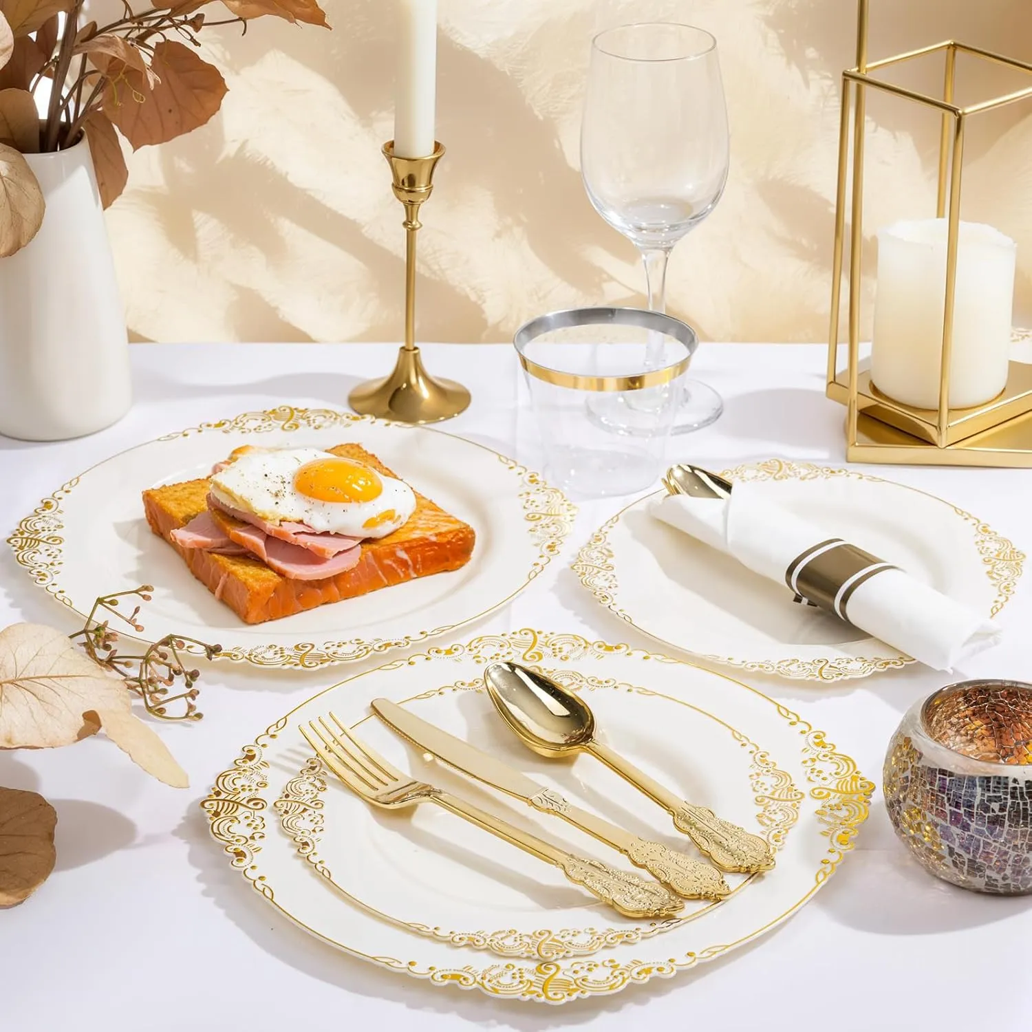 Nervure 350PCS Ivory Plastic Plates - Ivory Gold Plastic Dinnerware Sets for 50 Guests - 100 Gold Disposable Plates, 50 Pre Rolled Silverware Sets, 50 Cups Perfect for Wedding & Party