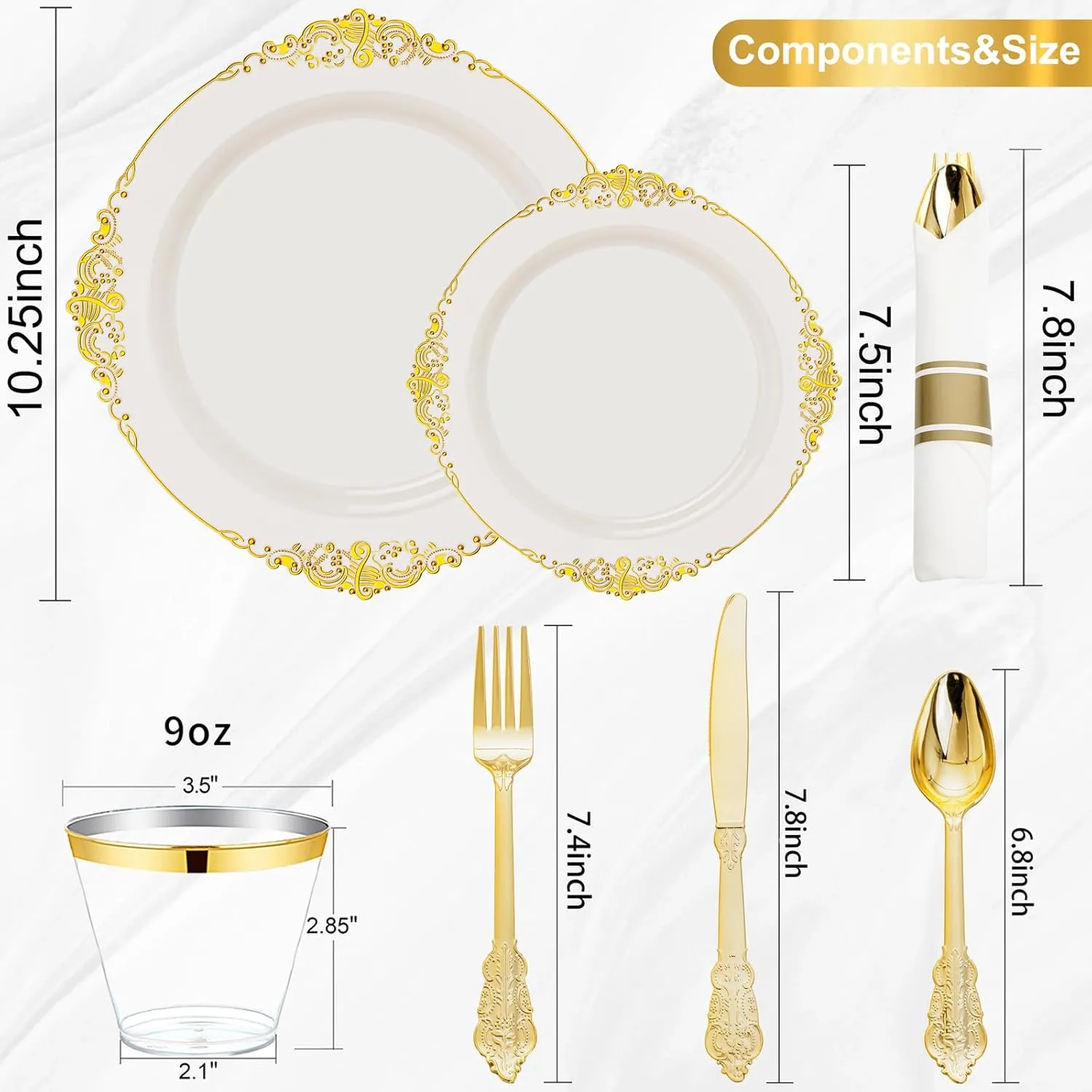 Nervure 350PCS Ivory Plastic Plates - Ivory Gold Plastic Dinnerware Sets for 50 Guests - 100 Gold Disposable Plates, 50 Pre Rolled Silverware Sets, 50 Cups Perfect for Wedding & Party