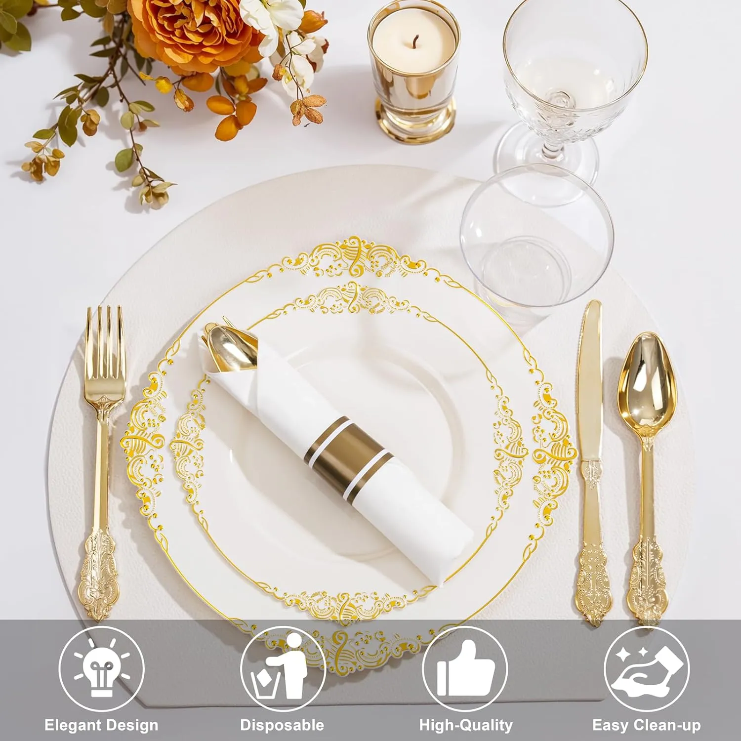Nervure 350PCS Ivory Plastic Plates - Ivory Gold Plastic Dinnerware Sets for 50 Guests - 100 Gold Disposable Plates, 50 Pre Rolled Silverware Sets, 50 Cups Perfect for Wedding & Party