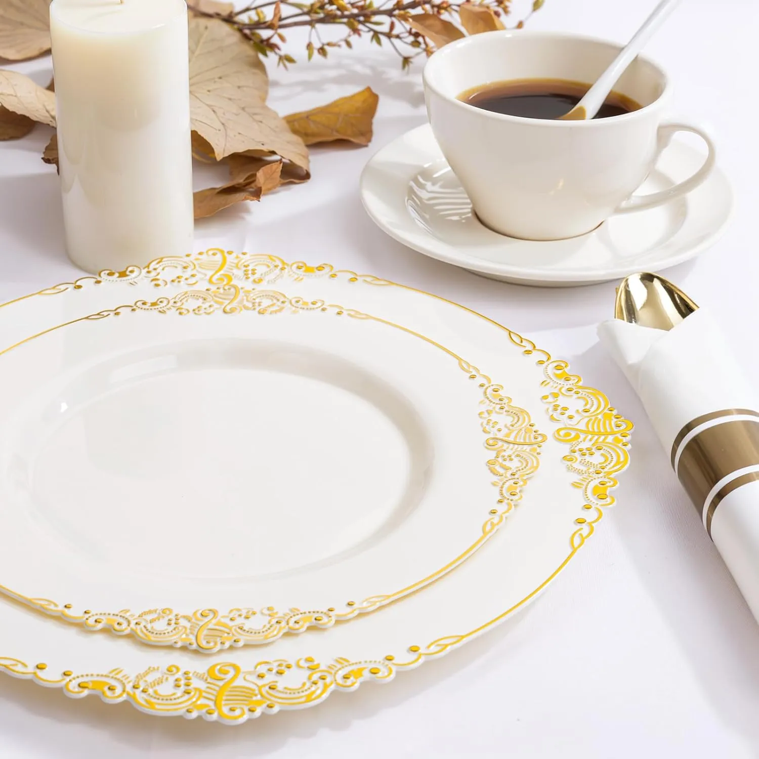 Nervure 350PCS Ivory Plastic Plates - Ivory Gold Plastic Dinnerware Sets for 50 Guests - 100 Gold Disposable Plates, 50 Pre Rolled Silverware Sets, 50 Cups Perfect for Wedding & Party