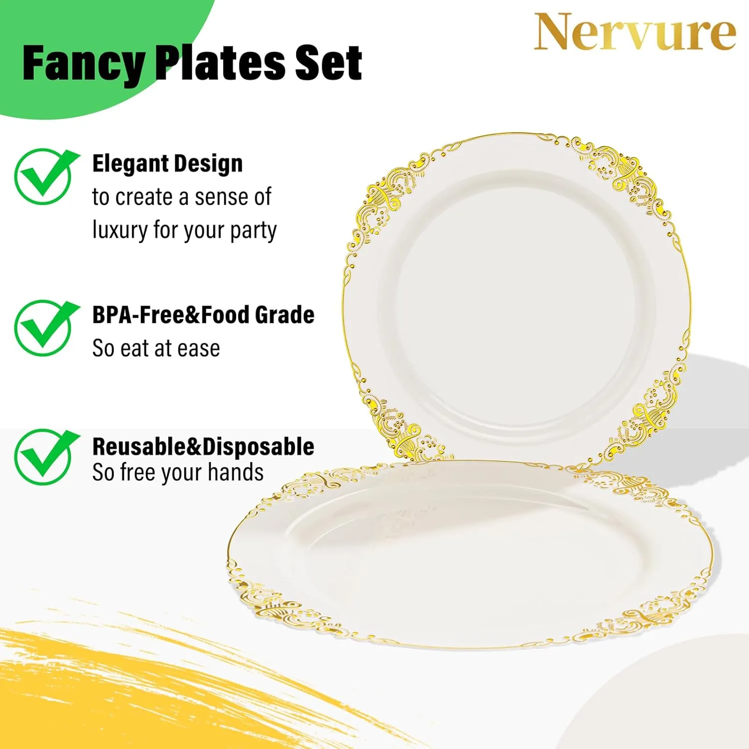 Nervure 350PCS Ivory Plastic Plates - Ivory Gold Plastic Dinnerware Sets for 50 Guests - 100 Gold Disposable Plates, 50 Pre Rolled Silverware Sets, 50 Cups Perfect for Wedding & Party