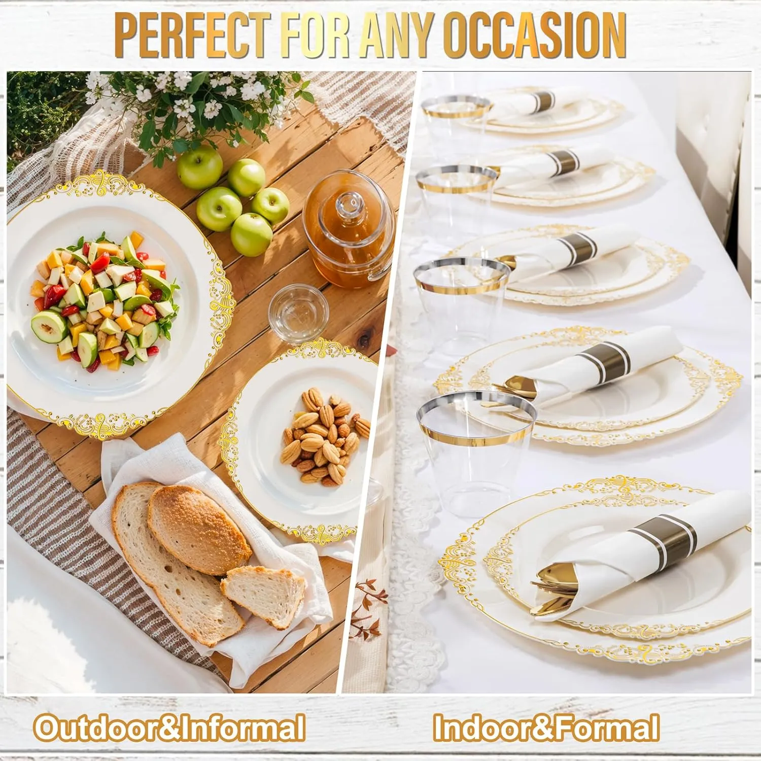 Nervure 350PCS Ivory Plastic Plates - Ivory Gold Plastic Dinnerware Sets for 50 Guests - 100 Gold Disposable Plates, 50 Pre Rolled Silverware Sets, 50 Cups Perfect for Wedding & Party