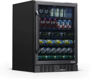 Newair 24" Beverage Refrigerator 177 Can Capacity, Black Stainless Steel Mini Fridge with Built-in Cooler and Glass Door, Cool your Soda, Beer, and Beverages to 37F