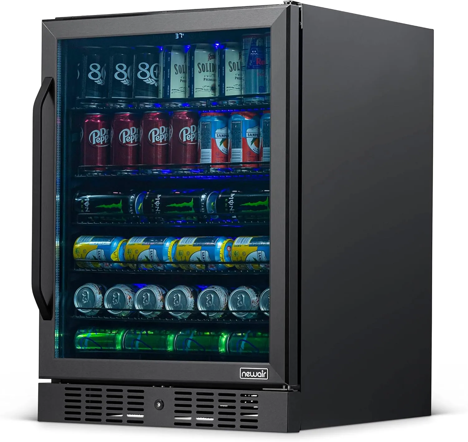 Newair 24" Beverage Refrigerator 177 Can Capacity, Black Stainless Steel Mini Fridge with Built-in Cooler and Glass Door, Cool your Soda, Beer, and Beverages to 37F