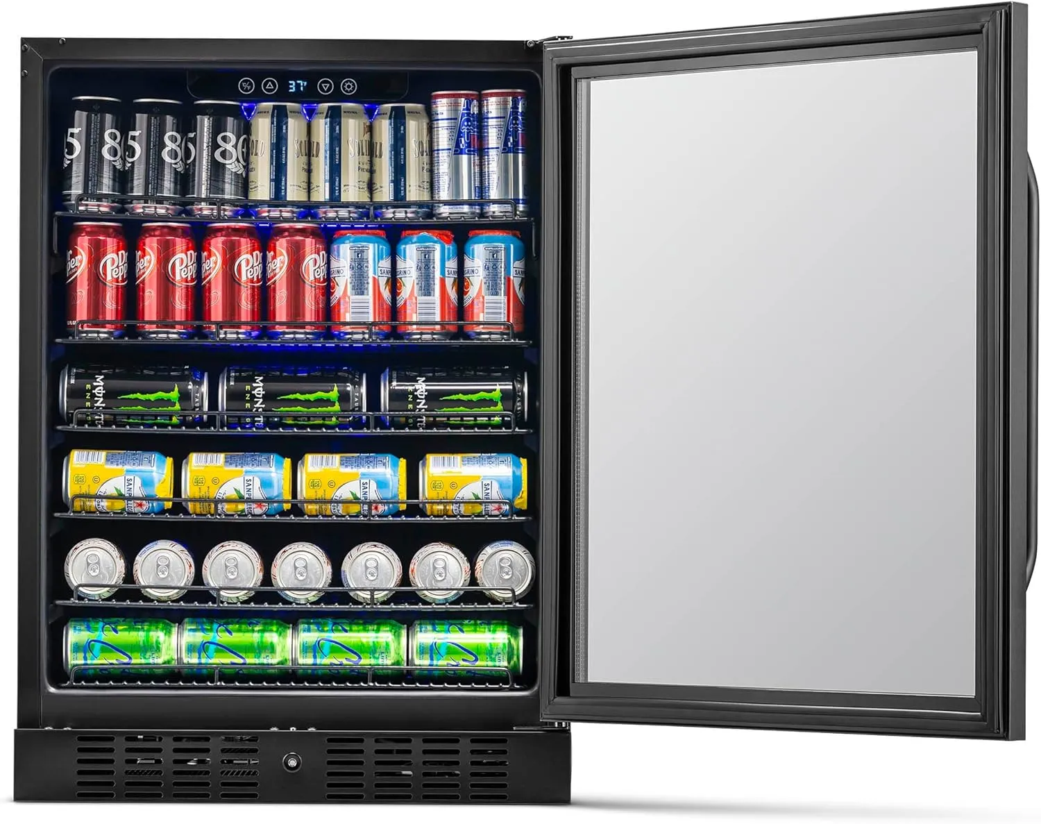 Newair 24" Beverage Refrigerator 177 Can Capacity, Black Stainless Steel Mini Fridge with Built-in Cooler and Glass Door, Cool your Soda, Beer, and Beverages to 37F