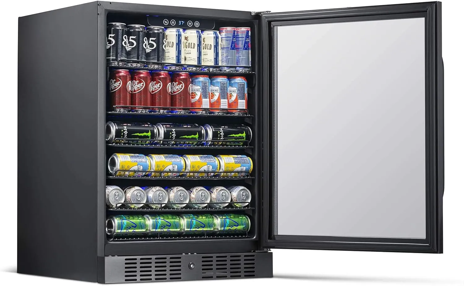 Newair 24" Beverage Refrigerator 177 Can Capacity, Black Stainless Steel Mini Fridge with Built-in Cooler and Glass Door, Cool your Soda, Beer, and Beverages to 37F